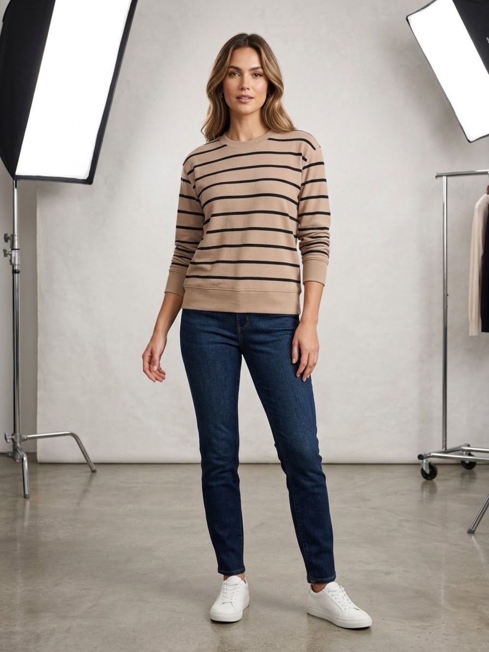 George Beige and Black Striped Long Sleeve Crew Sweatshirt